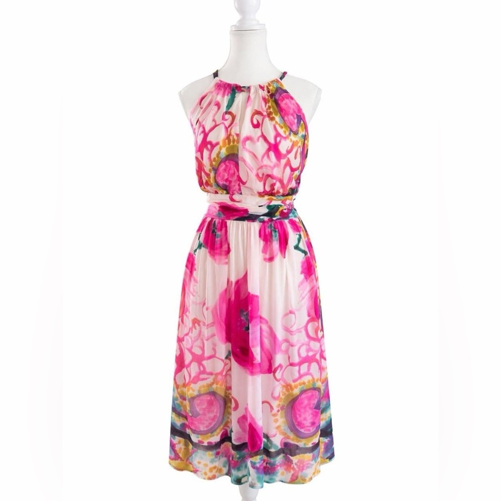 Suzi Chin Pink Floral Halter Midi Dress